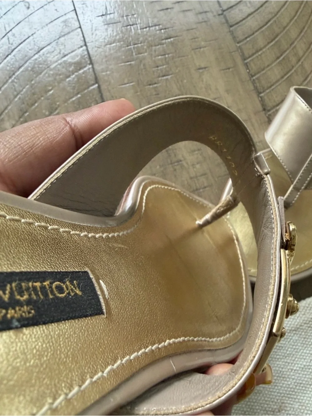 Louis Vuitton Taupe Leather Thong Sandals with Gold Trim